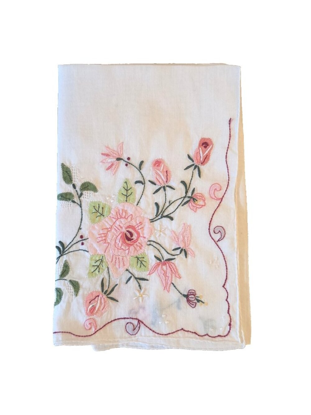 Vintage Pink Floral Hankie Applique Embroidered Handkerchief 15" Wedding